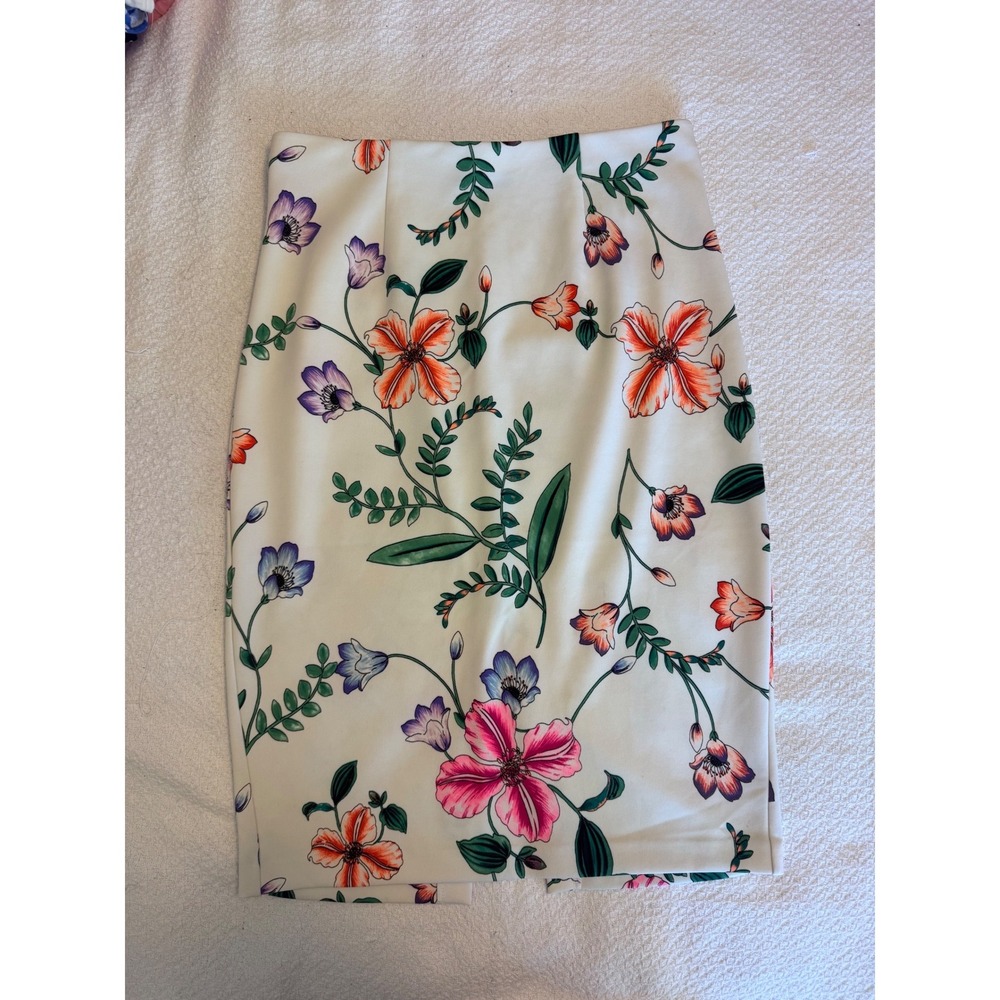 Express Floral Pencil Skirt Ivory Pink Orange Purple High Waisted Medium